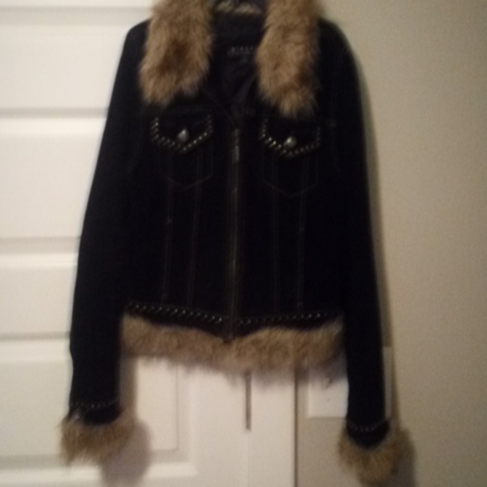 Dark blue suede jacket w faux fur cuffs & collar